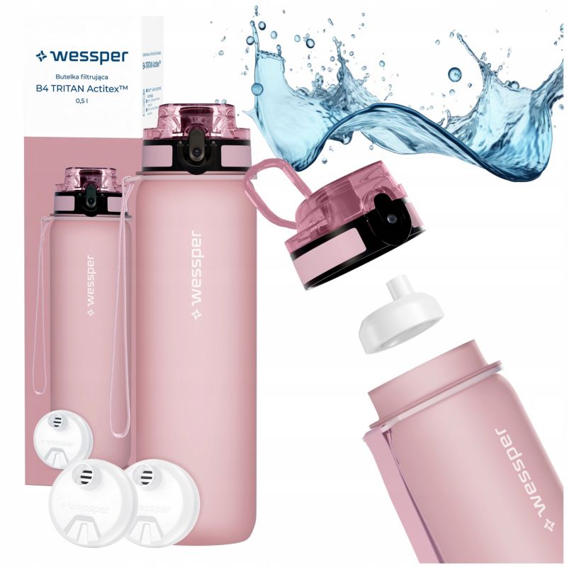 Butelka na wodę, Wessper, filtrująca, tritanowa, bidon + 2x filtr wody, bez BPA, 500ml, B4 TRITAN Actitex, różowa, 3szt