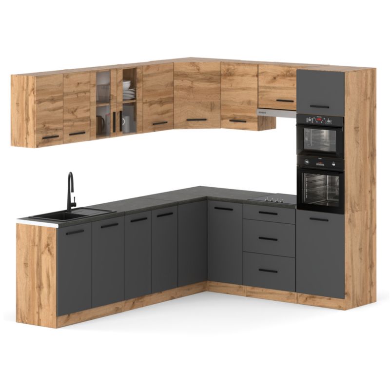 Zestaw Kuchenny Hurtownia-Mebli Z Blatem Kuchnia Marra Narozna 460cm Dąb Wotan Dąb Wotan/Szary Mat 460x47x145 cm 1szt.