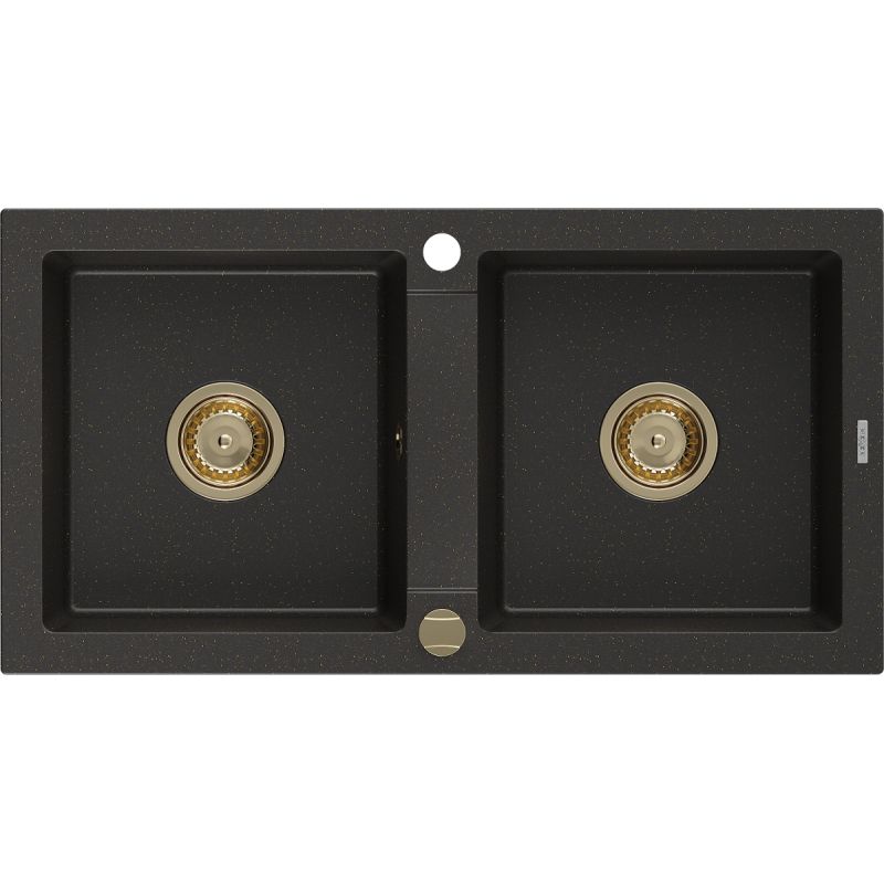 Zlewozmywak wpuszczany Mexen Mario 2-komorowy czarny/złoty metalik 820 x 436 mm 6504822000-75-G