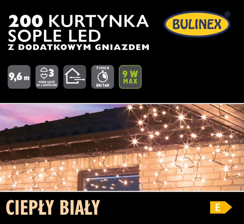 Kurtyna zewnętrzna Bulinex sople 200 LED 9,6 m barwa ciepła biała