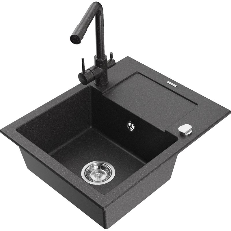 Zlewozmywak granitowy 1-komorowy Mexen Enzo z ociekaczem i baterią Duero czarny/srebrny metalik - 6506-73-671600-70 1 szt.
