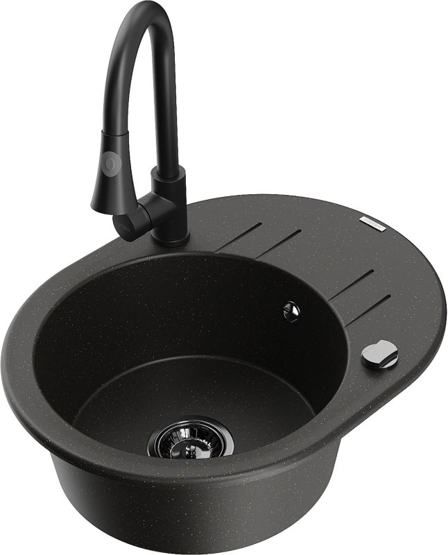 Zlewozmywak granitowy Mexen Kevin 1-komorowy z ociekaczem i baterią kuchenną Flora czarny - 6517-76-670401-75-B 1 szt.
