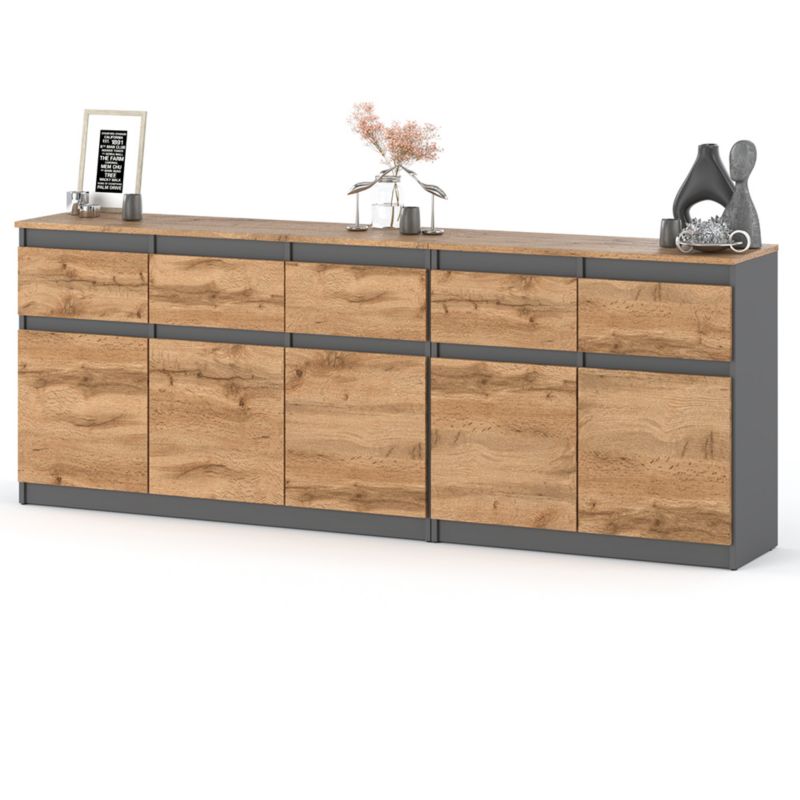 Komoda Hurtownia-Mebli Szuflady 5 komoda Best Oleksa Plus 200cm Szary Mat Dąb Wotan 200x35x75 cm 1szt.