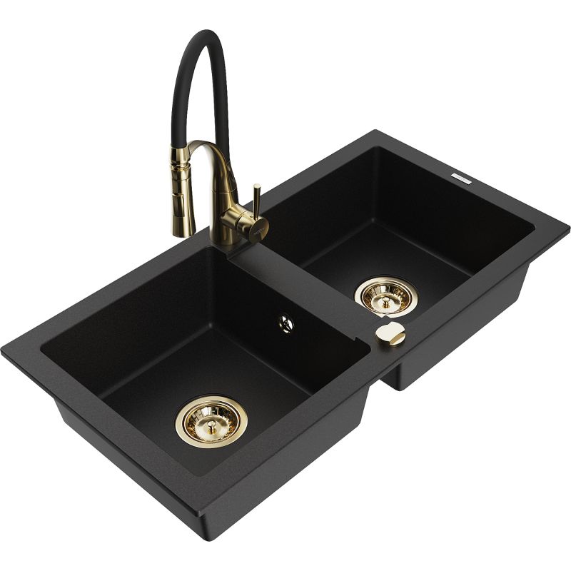 Zlewozmywak granitowy 2-komorowy Mexen Mario z baterią kuchenną Aster czarny nakrapiany - 6504-76-73450-70-B 1 szt.