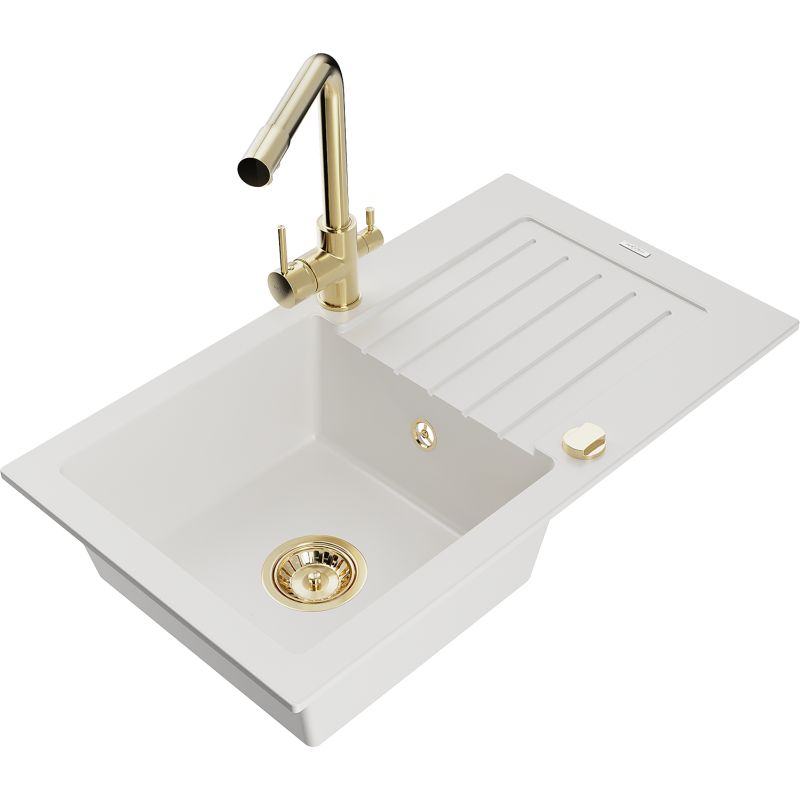 Zlewozmywak granitowy 1-komorowy Mexen Pablo z ociekaczem i baterią kuchenną Duero biały 6510-20-671600-50