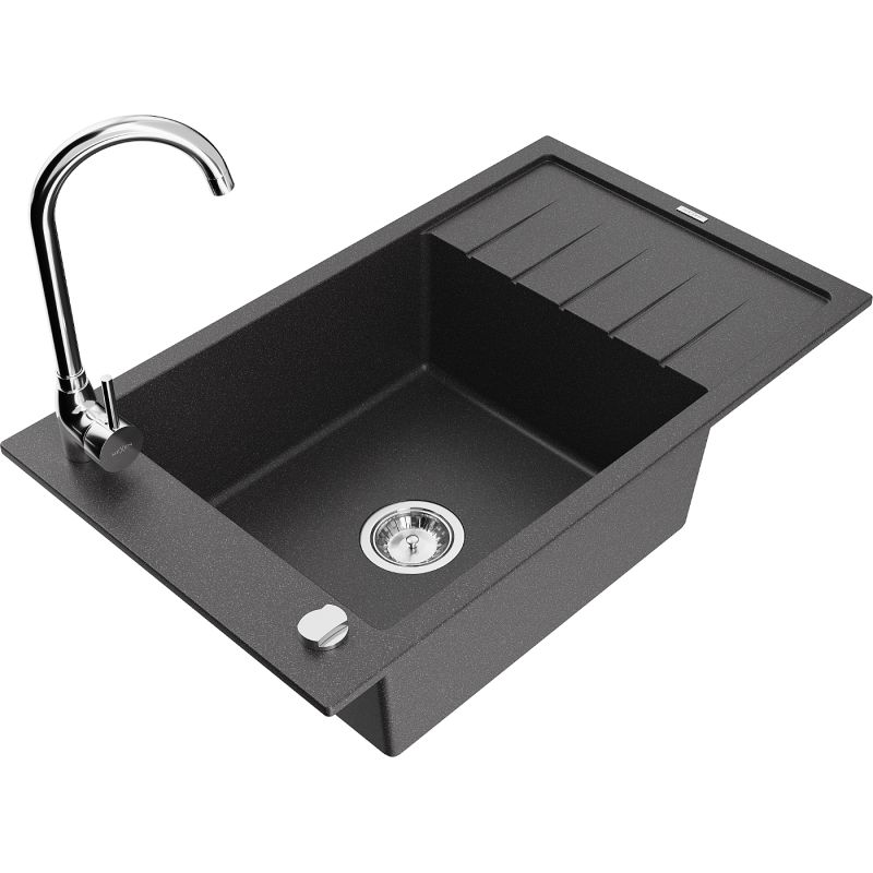 Zlewozmywak granitowy 1-komorowy Mexen Elias z ociekaczem i baterią kuchenną Telma czarny nakrapiany - 6511-76-670200-76 1 szt.