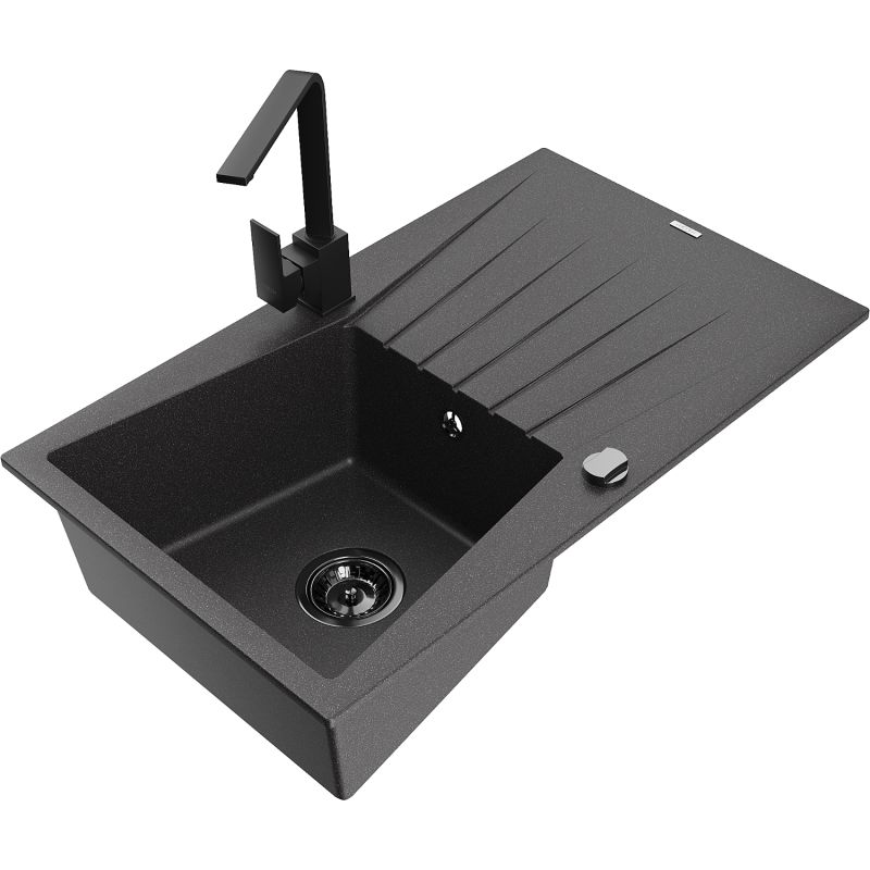 Zlewozmywak granitowy 1-komorowy Mexen Cesar z ociekaczem i baterią kuchenną Rita czarny nakrapiany - 6514-76-670300-70 1 szt.