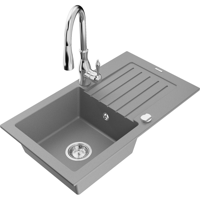 Zlewozmywak granitowy 1-komorowy Mexen Pablo z ociekaczem i baterią kuchenną Savita szary - 6510-71-672601-71 1 szt.