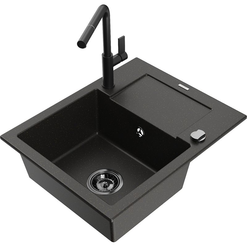 Zlewozmywak granitowy 1-komorowy Mexen Enzo z ociekaczem i baterią kuchenną Flora szary - 6506-71-670401-70-B 1 szt.