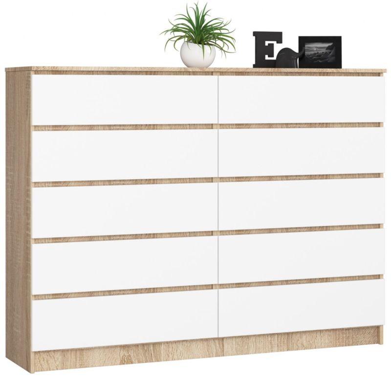 Komoda Akord K160 Dąb Sonoma 160 cm 10 szuflad kolor Biały mat 160x40x121 cm 1 szt.