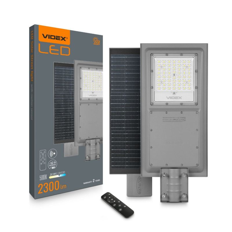 Lampa uliczna solarna Videx Slso szara LED 5000K 2300lm Pilot IP65 wym: 58,8 x 25,1 x 5,2 cm - 1 szt.