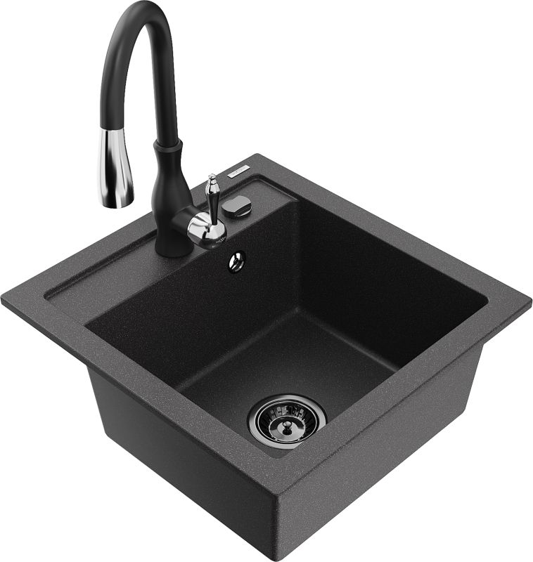 Zlewozmywak granitowy Mexen Vito 1-komorowy z baterią kuchenną Savita czarny 6503-76-672601-70-B