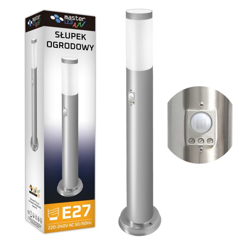 Lampa ogrodowa LED MasterLED Manila E27 65cm IP44 z czujnikiem ruchu PIR srebrna 1 szt.