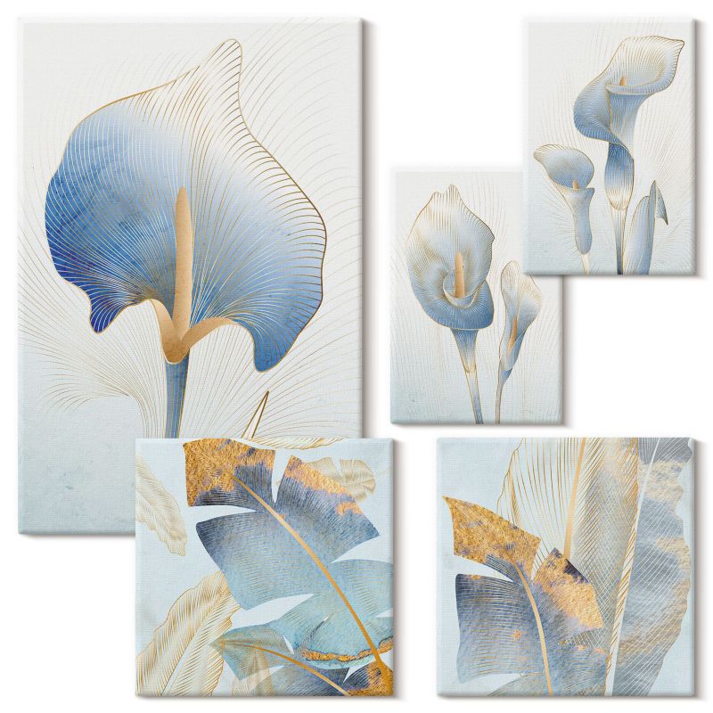 Kolekcja Obrazów Na Płótnie Wallfluent Błękitne kwiaty na tle 5 szt.