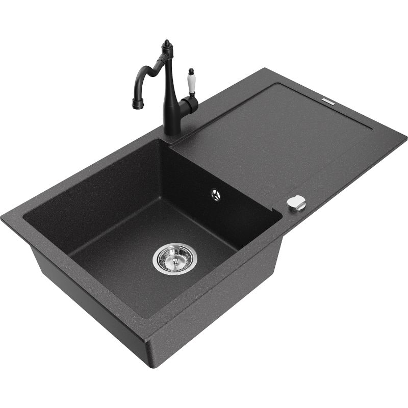 Zlewozmywak granitowy 1-komorowy Mexen Leo z ociekaczem i baterią kuchenną Carla czarny nakrapiany 6501-76-670700-70