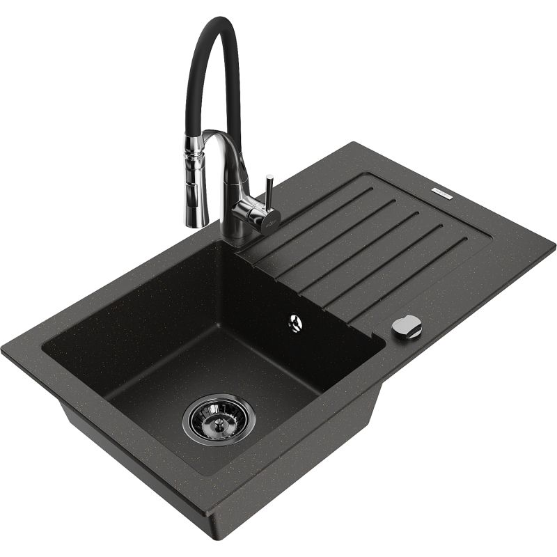 Zlewozmywak granitowy 1-komorowy Mexen Pablo z ociekaczem i baterią kuchenną Aster czarny/złoty metalik 6510-75-73450-07-B