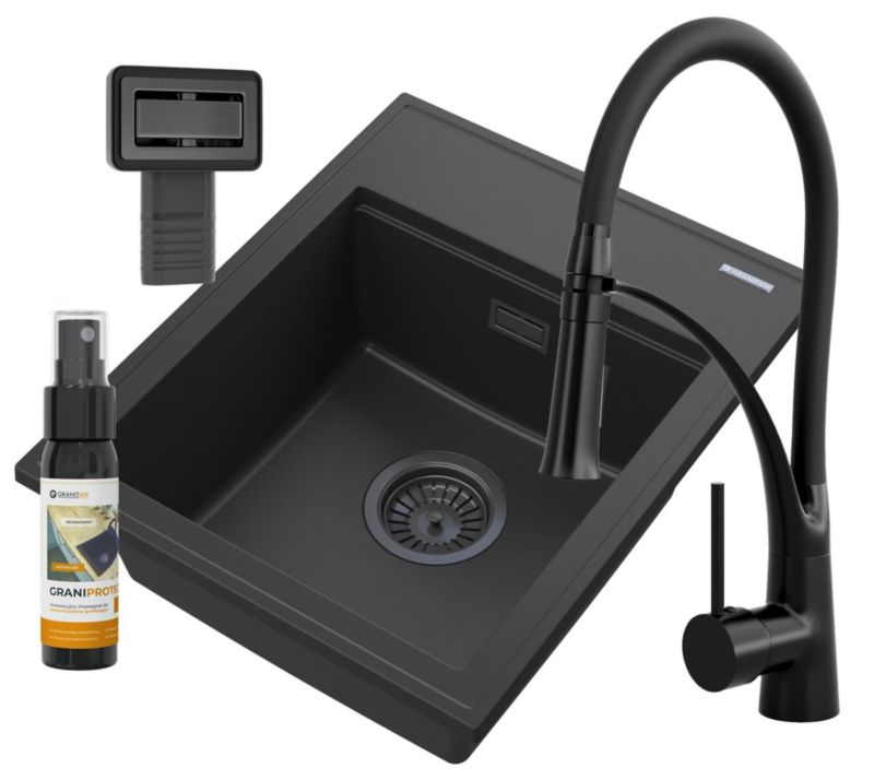 Zlewozmywak Granitowy Jednokomorowy Granitan Alor Czarny Bateria Czarna Syfon Czarny 1 kpl.