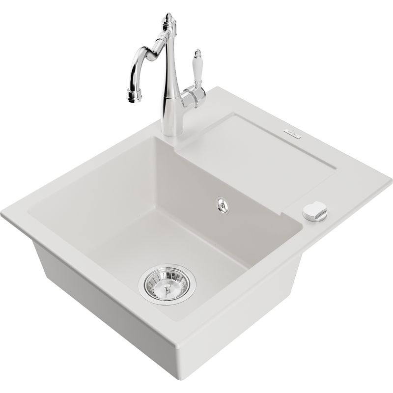 Zlewozmywak granitowy 1-komorowy Mexen Enzo z ociekaczem i baterią kuchenną Carla biały 6506-20-670700-00