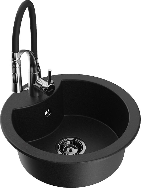 Zlewozmywak granitowy Mexen Diego 1-komorowy z baterią kuchenną Aster czarny 6512-77-73450-07-B
