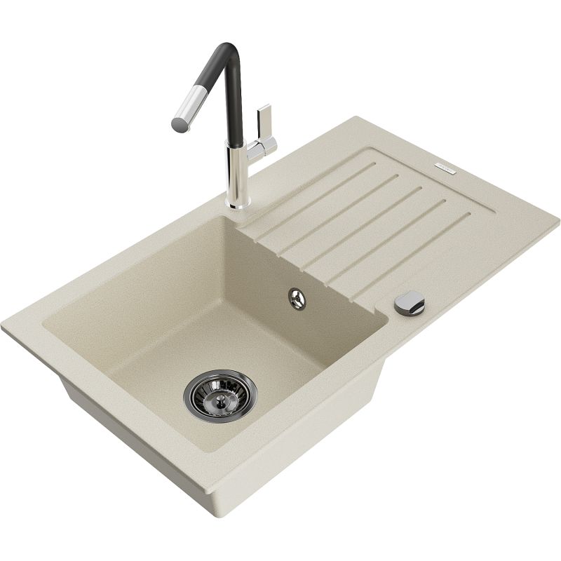 Zlewozmywak granitowy 1-komorowy Mexen Pablo z ociekaczem i baterią kuchenną Flora beżowy 6510-69-670401-07-B