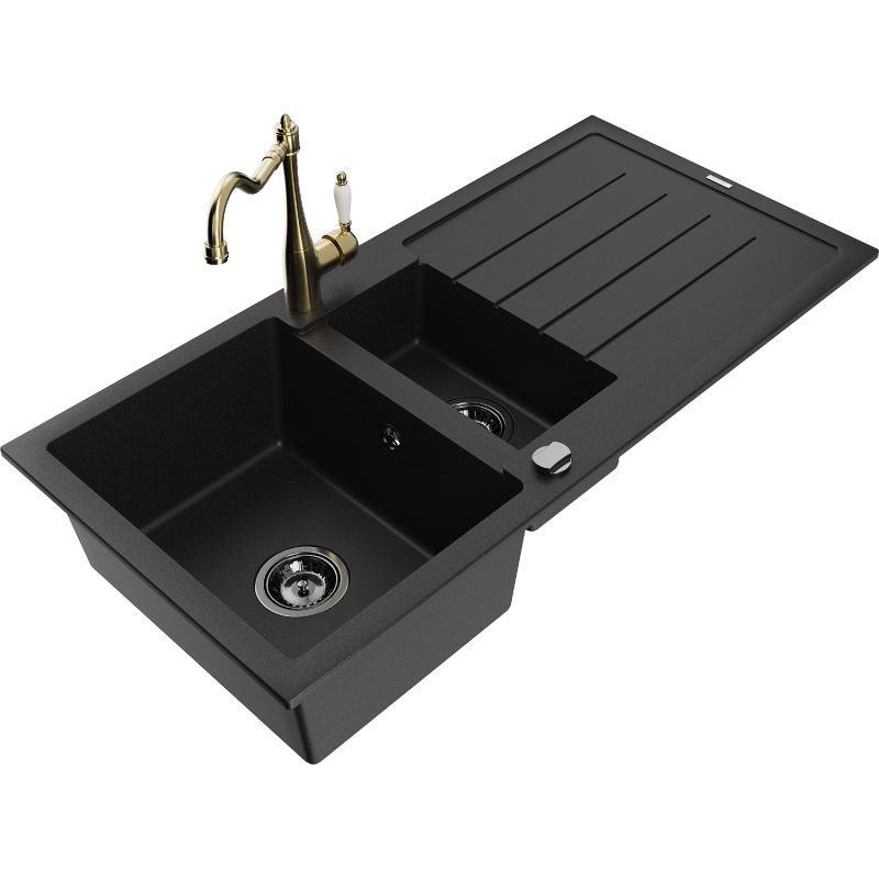 Zlewozmywak granitowy 1.5-komorowy Mexen Andres z ociekaczem i baterią kuchenną Carla czarny - 6515-77-670700-70-B 1 szt.