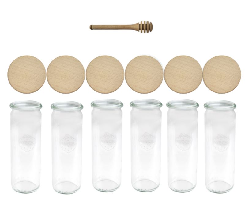 Słoiki MODO24 Weck 600 ml fi 60 cylinder drewniane wieka nabierak 6 kpl.