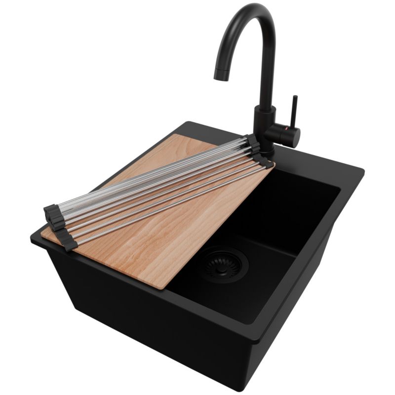 Zlewozmywak Granitowy Ryga PRIMAGRAN Nablatowy 43x50cm do szafki od 45cm z Syfonem i Baterią i Dodatkiem Cały Czarny 1 szt.