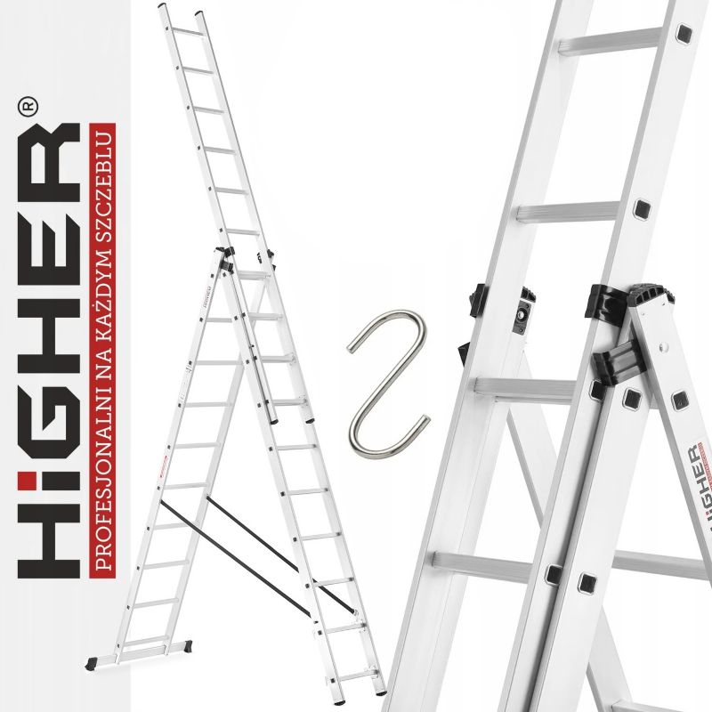 Drabina aluminiowa wielofunkcyjna z opcją ustawienia na schodach 3x10 HIGHER ML-610 + hak 1szt.