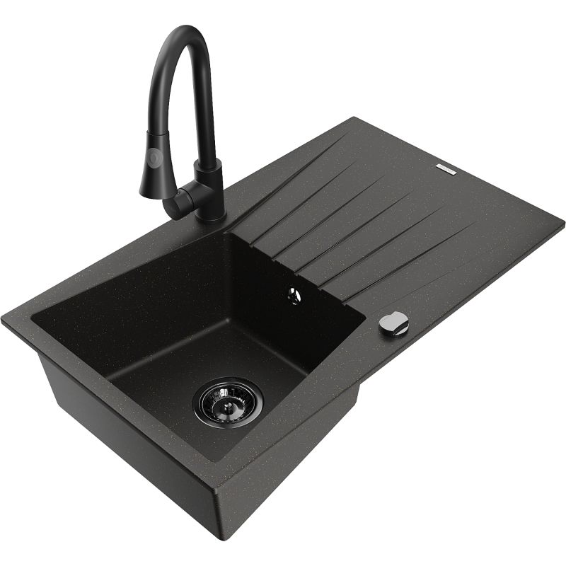 Zlewozmywak granitowy 1-komorowy Mexen Cesar z ociekaczem i baterią kuchenną Elia czarny/złoty metalik 6514-75-670101-70-B