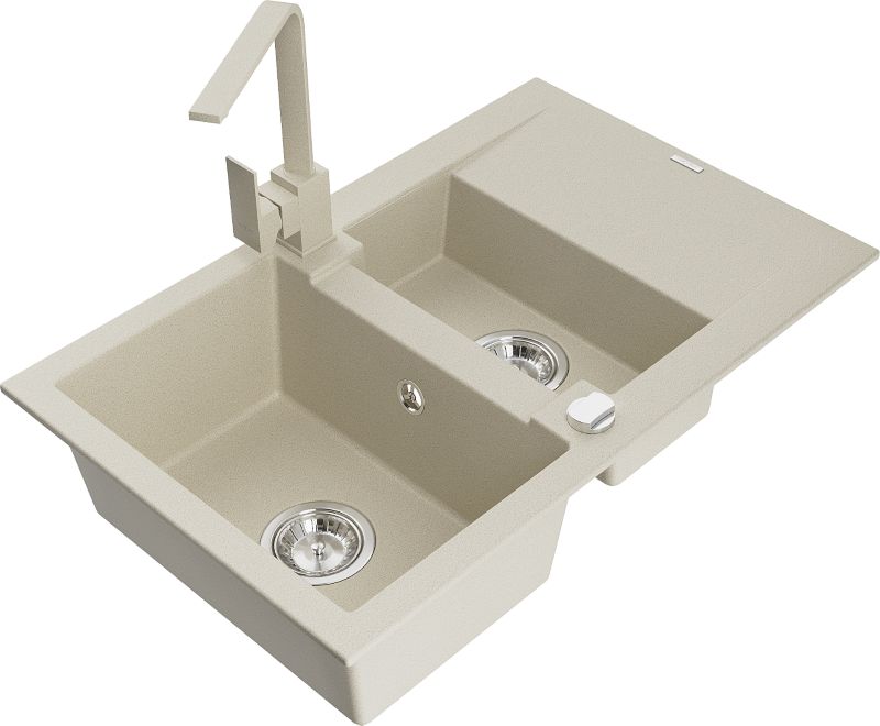 Zlewozmywak granitowy Mexen Gaspar 1,5-komorowy z ociekaczem i baterią kuchenną Rita beżowy 6507-69-670300-69