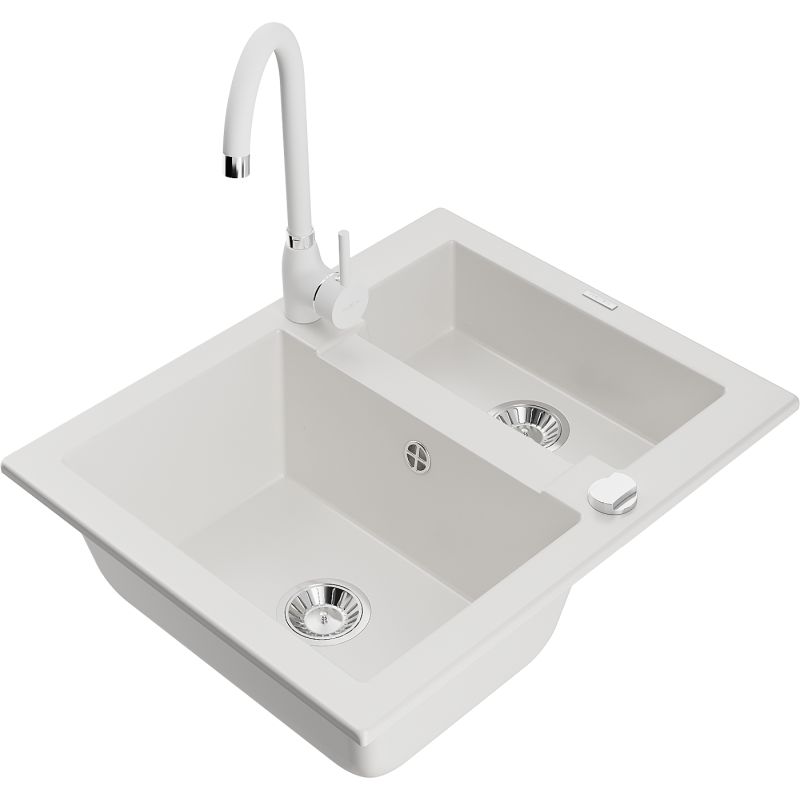 Zlewozmywak granitowy 1.5-komorowy Mexen Carlos z baterią kuchenną Telma biały 6518-20-670200-20