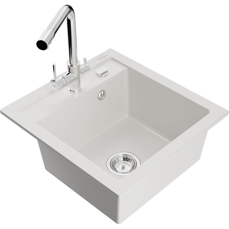 Zlewozmywak granitowy 1-komorowy Mexen Vito z baterią kuchenną Duero biały 6503-20-671600-00