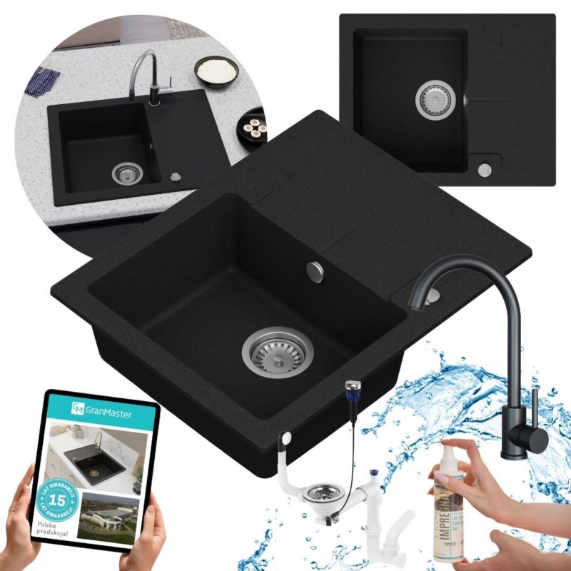 Zestaw zlewozmywak kuchenny GranMaster Caro 1-komorowy z ociekaczem, baterią i impregnatem, czarny metalik 1szt.