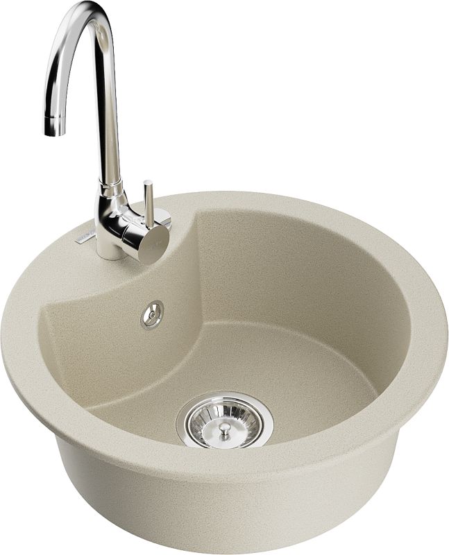 Zlewozmywak granitowy Mexen Diego 1-komorowy z baterią kuchenną Telma beżowy 6512-69-670200-00