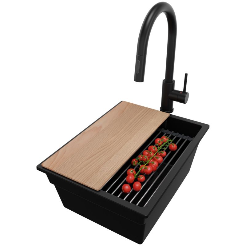 Zlewozmywak Granitowy Praga Slim PRIMAGRAN Nablatowy 36x47cm do szafki od 40cm z Syfonem i Baterią i Dodatkiem Cały Czarny 1 szt.