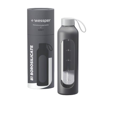 Butelka na wodę, Wessper, szklana, motywacyjna, z miarką, 1L + etui silikonowe, szary, 2szt