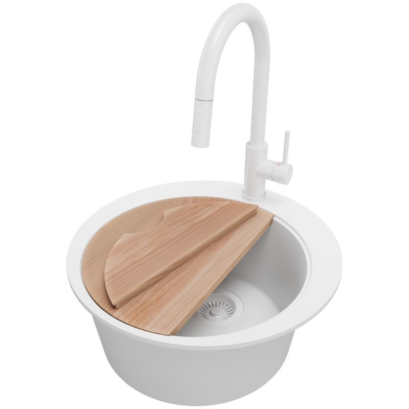 Zlewozmywak Granitowy Okrągły Piza PRIMAGRAN Nablatowy 50x50cm, Cały Biały + Bateria + Syfon + Akcesorium, S044, 1 szt.