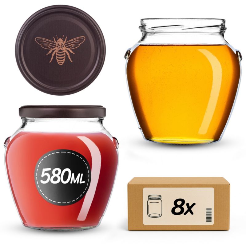 Słoiki na przetwory KADAX 580ml + wieczka "Brązowa pszczoła" 82mm 8szt.