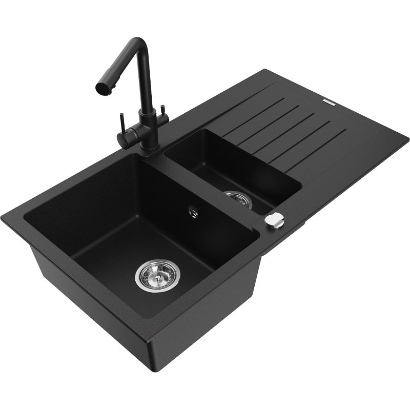 Zlewozmywak granitowy 1.5-komorowy Mexen Matias z ociekaczem i baterią kuchenną Duero czarny - 6502-77-671600-70-B 1 szt.