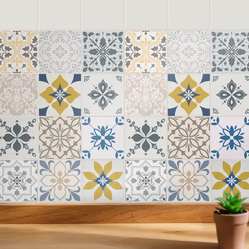 Samoprzylepna naklejka na kafle Wallfluent 15x15 cm Kwiatowe motywy w układzie wodoodporne 24 szt.