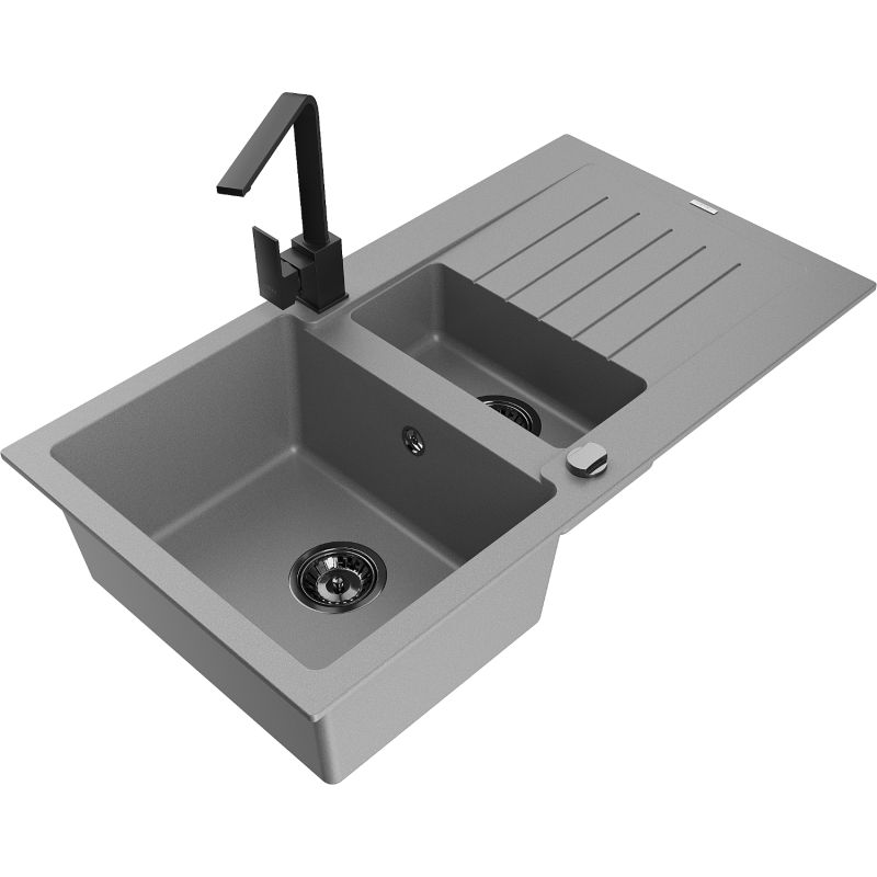 Zlewozmywak granitowy 1.5-komorowy Mexen Matias z ociekaczem i baterią kuchenną Rita szary - 6502-71-670300-70 1 szt.