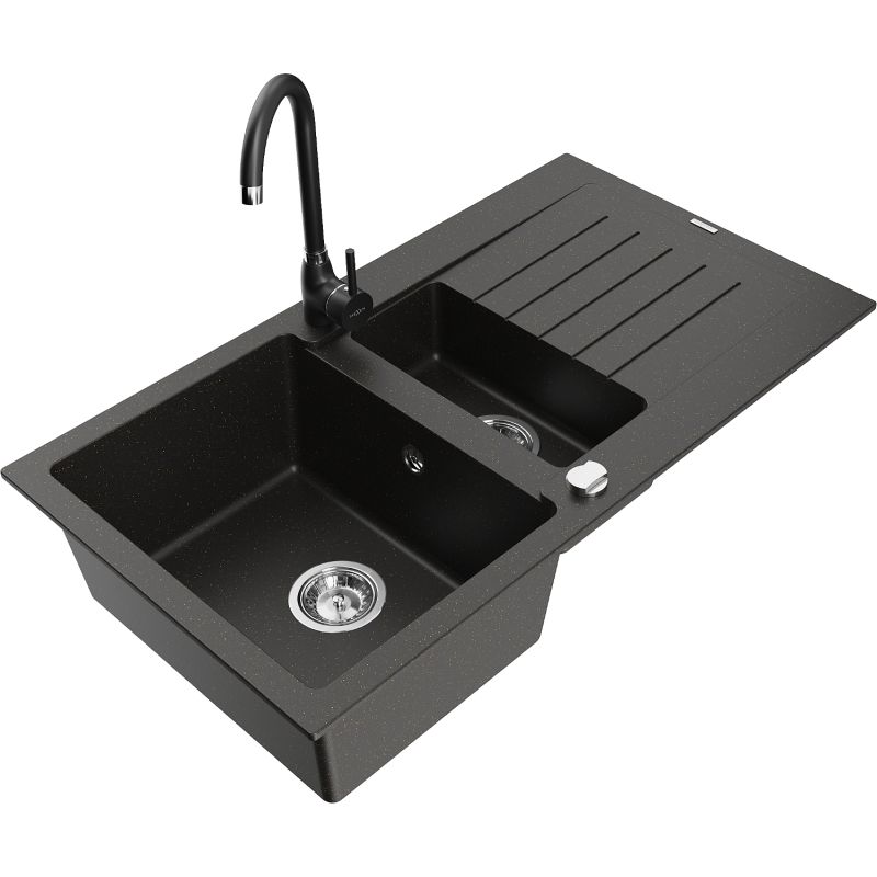 Zlewozmywak granitowy 1.5-komorowy Mexen Matias z ociekaczem i baterią kuchenną Telma szary - 6502-71-670200-71 1 szt.