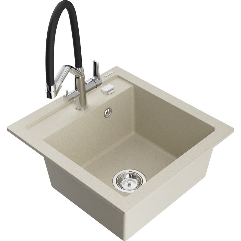 Zlewozmywak granitowy 1-komorowy Mexen Vito z baterią kuchenną Duo beżowy 6503-69-671701-07