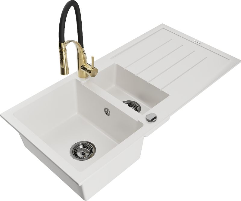 Zlewozmywak granitowy Mexen Andres 1,5-komorowy z ociekaczem i baterią kuchenną Aster biały 6515-20-73450-57-B