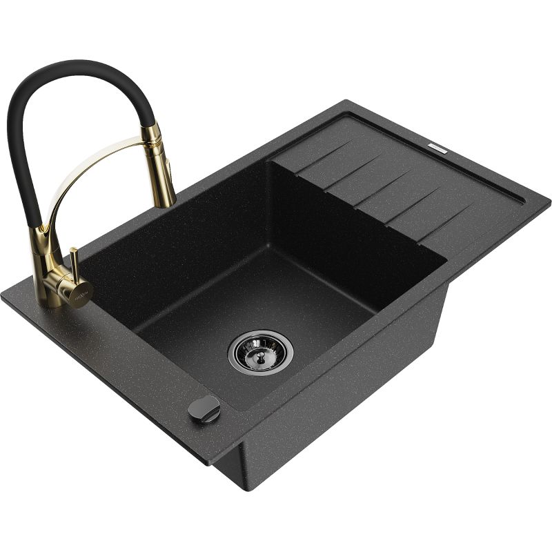 Zlewozmywak granitowy 1-komorowy Mexen Elias z ociekaczem i baterią kuchenną Aster czarny/srebrny metalik 6511-73-73450-57-B