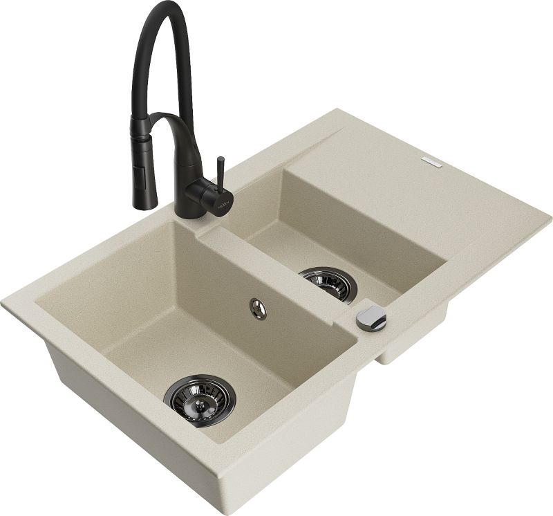 Zlewozmywak granitowy Mexen Gaspar 1,5-komorowy z ociekaczem i baterią kuchenną Aster biały - 6507-20-73450-70-B 1 szt.