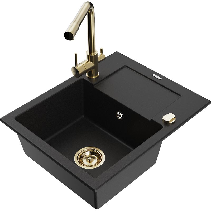 Zlewozmywak granitowy 1-komorowy Mexen Enzo z ociekaczem i baterią kuchenną Duero czarny - 6506-77-671600-00 1 szt.