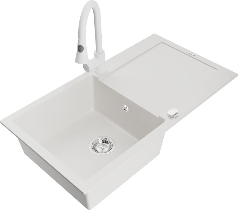 Zlewozmywak granitowy Mexen Leo 1-komorowy z ociekaczem i baterią kuchenną Elia biały - 6501-20-670101-70 1 szt.