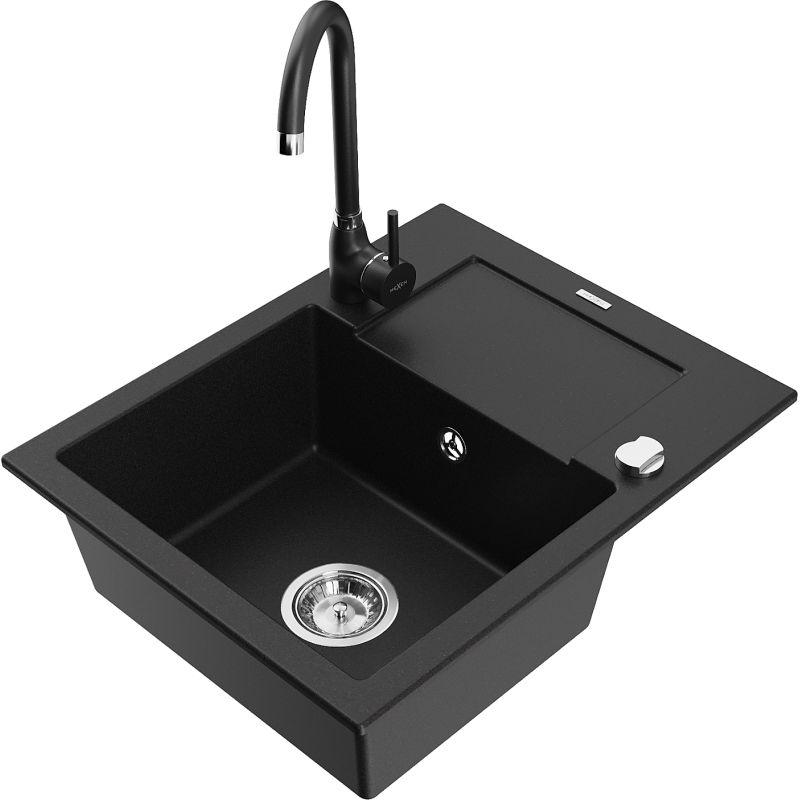 Zlewozmywak granitowy 1-komorowy Mexen Enzo z ociekaczem i baterią kuchenną Telma czarny nakrapiany - 6506-76-670200-76 1 szt.