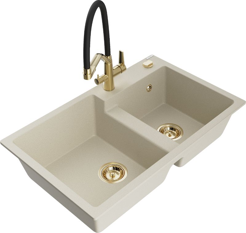 Zlewozmywak granitowy Mexen Tomas 2-komorowy z baterią kuchenną Duo beżowy 6516-69-671701-57-G